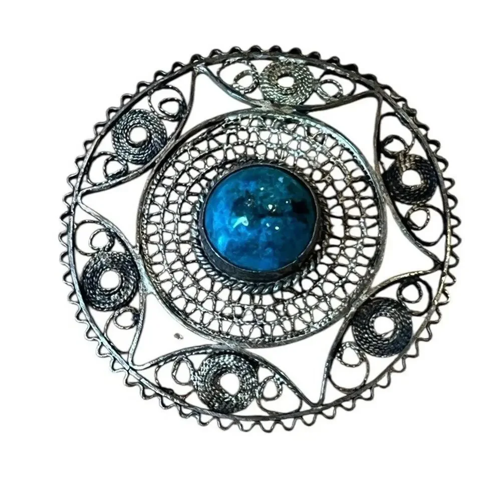 Vtg Sterling Silver Turquoise Filigree Round Shape Pin Brooch 1 5/8”